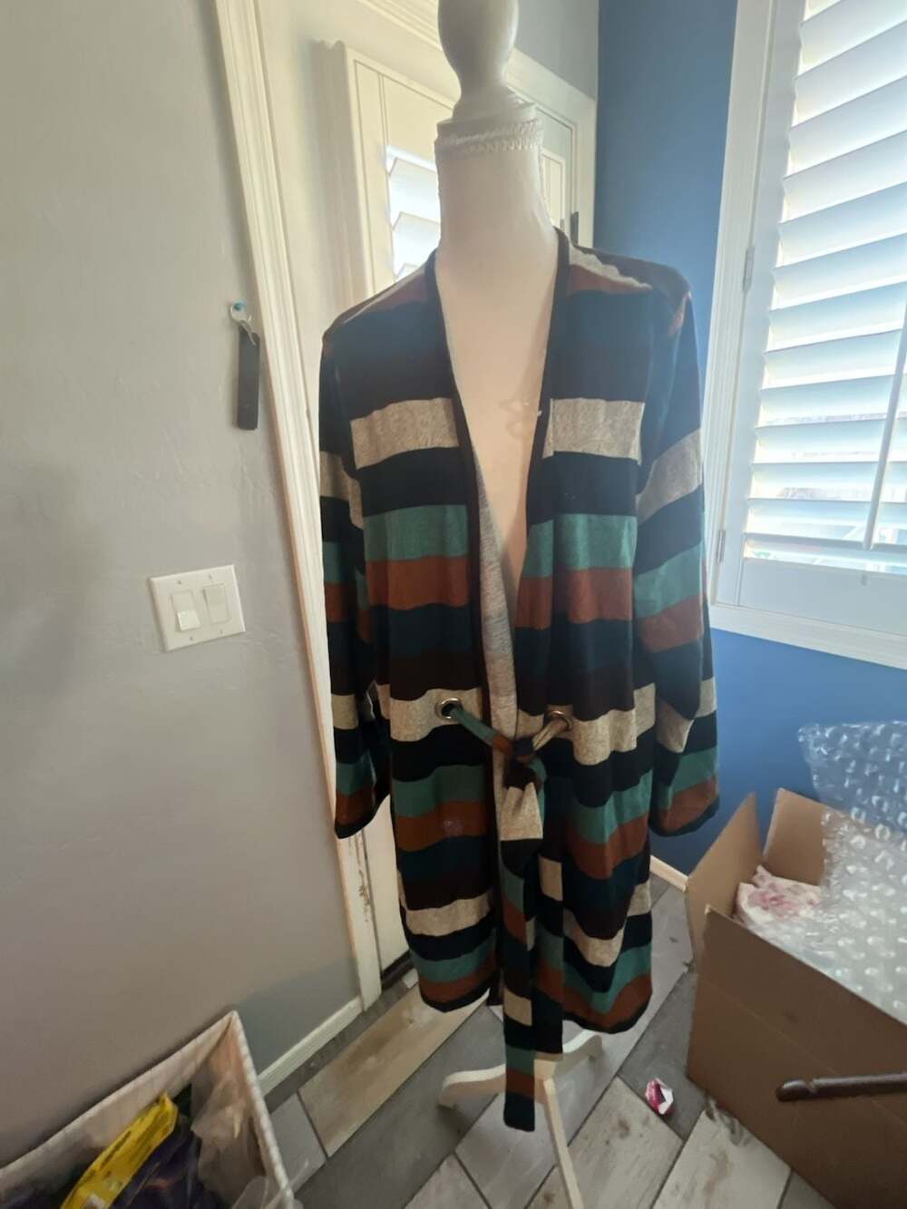 Indigo Rose Multi Stripe Open Front Long Cardigan with Waist Tie